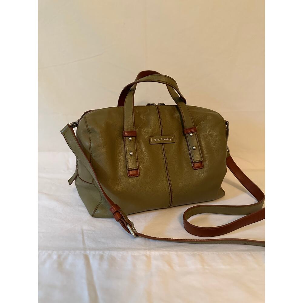 Vera Bradley Olive green leather satchel handbag long strap